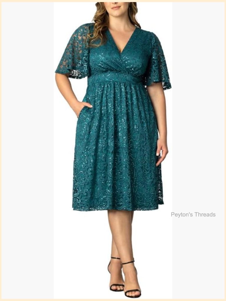 Plus Size Starry Sequin Lace Cocktail Dress With Pockets